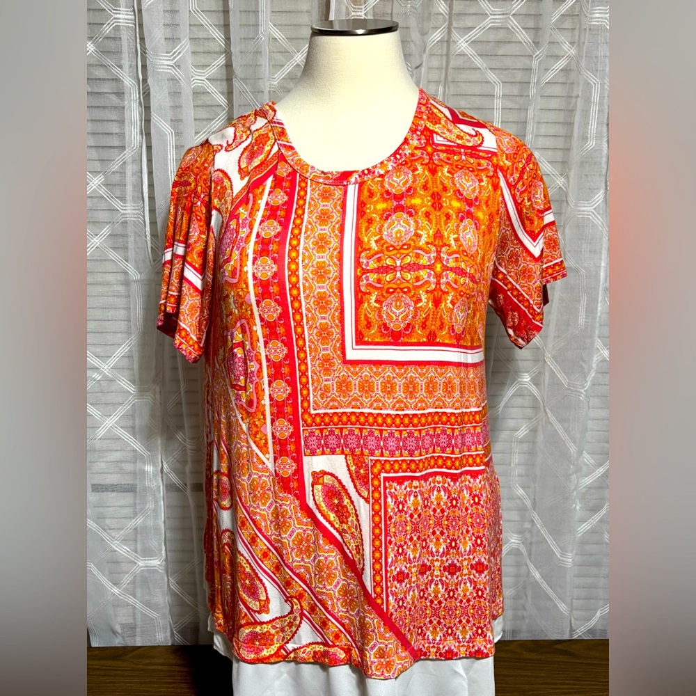 Rose & Olive Orange and White Blouse 30”L 23” p2p tropical warm weather cruise